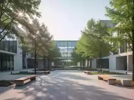 Moderner, heller Hochschulcampus mit minimalistischer Architektur und begrüntem Innenhof bei Tageslicht. - Foto: über boerse-global.de