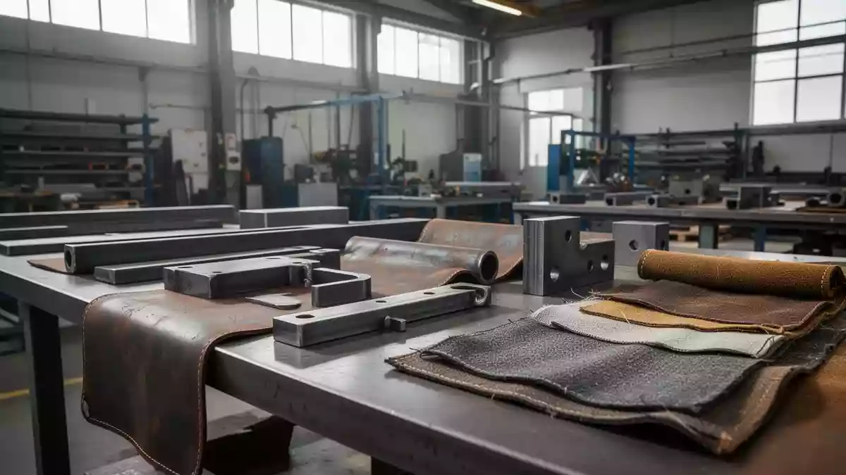 Nahaufnahme von industriellen Schutzmaterialien und Stoffproben auf einem aufgeräumten Werktisch in einer Werkstatt. Illustration mit AI erstellt.