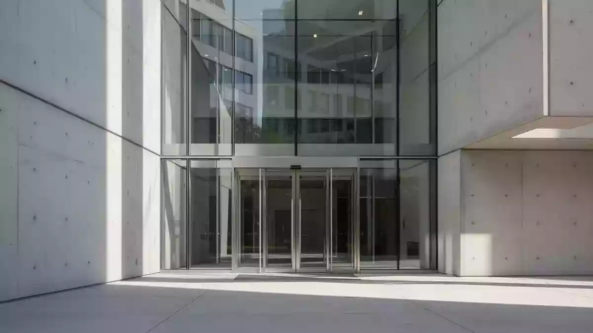 Moderner Eingangsbereich eines Verwaltungsgebäudes mit Glasfassade und klaren architektonischen Linien. Illustration mit AI erstellt.