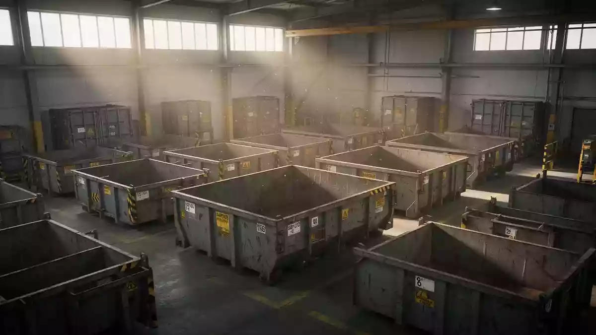 Leere, industrielle Sortierbehälter in einer Lagerhalle für Gefahrgut zur Entsorgung von Altbatterien. Illustration mit AI erstellt.