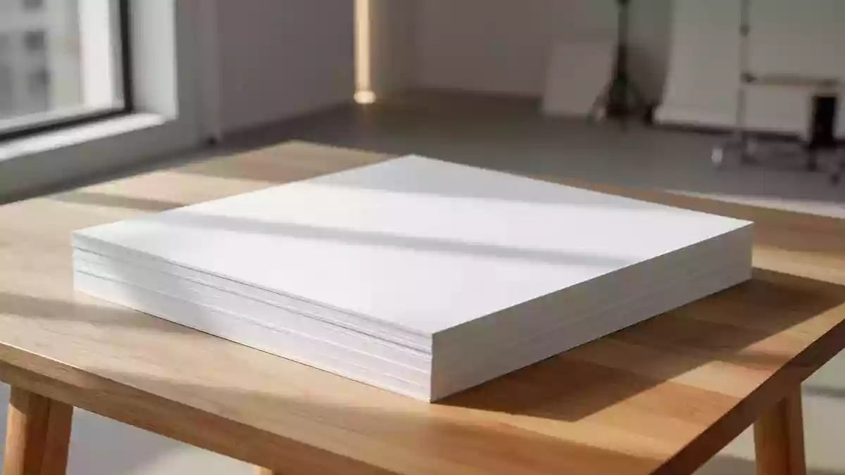 Stapel aus hochwertigem, dickem Kartonpapier auf einem hellen Holztisch in einem minimalistischen, lichtdurchfluteten Raum. Illustration mit AI erstellt.