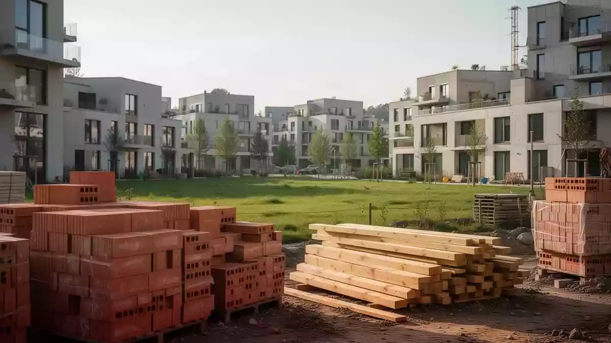 Baustelle eines modernen, nachhaltigen Wohnquartiers in einer deutschen Stadt mit Baumaterialien und Grünflächen. Illustration mit AI erstellt.