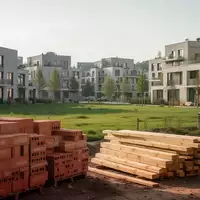 Baustelle eines modernen, nachhaltigen Wohnquartiers in einer deutschen Stadt mit Baumaterialien und Grünflächen. - Foto: über boerse-global.de