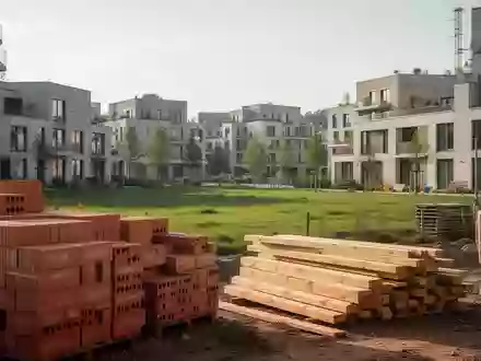 Baustelle eines modernen, nachhaltigen Wohnquartiers in einer deutschen Stadt mit Baumaterialien und Grünflächen. - Foto: über boerse-global.de