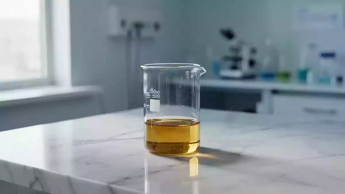Ein klares Glasbecherglas mit goldfarbenem, viskosem Öl auf einer weißen Marmoroberfläche in einer sterilen Laborumgebung. Illustration mit AI erstellt.