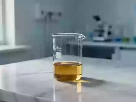 Ein klares Glasbecherglas mit goldfarbenem, viskosem Öl auf einer weißen Marmoroberfläche in einer sterilen Laborumgebung. - Foto: über boerse-global.de