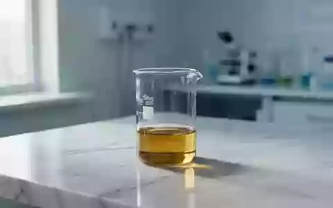 Ein klares Glasbecherglas mit goldfarbenem, viskosem Öl auf einer weißen Marmoroberfläche in einer sterilen Laborumgebung. - Foto: über boerse-global.de