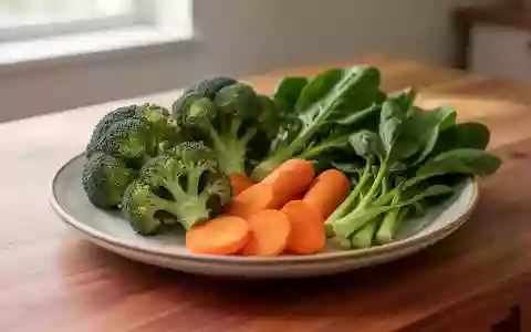 Frisches, rohes Gemüse wie Brokkoli und Karotten auf einem hölzernen Küchentisch bei natürlichem Tageslicht. - Foto: über boerse-global.de