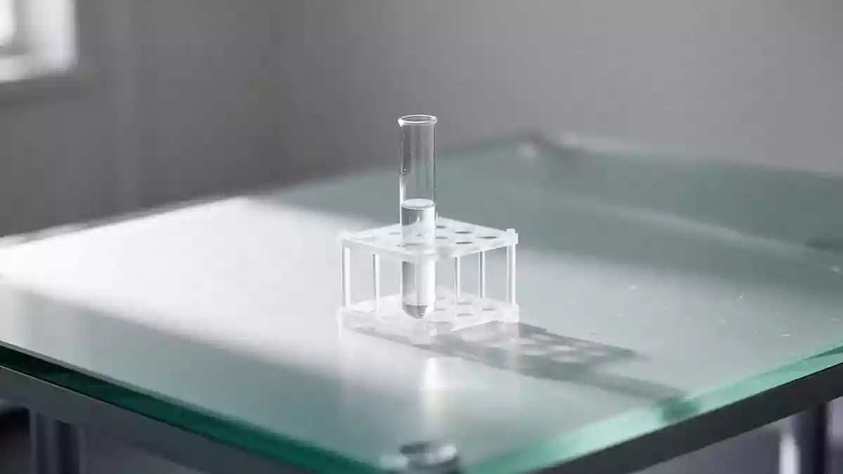 Ein leeres Reagenzglas auf einem sterilen Labortisch bei natürlichem Lichteinfall. Illustration mit AI erstellt.