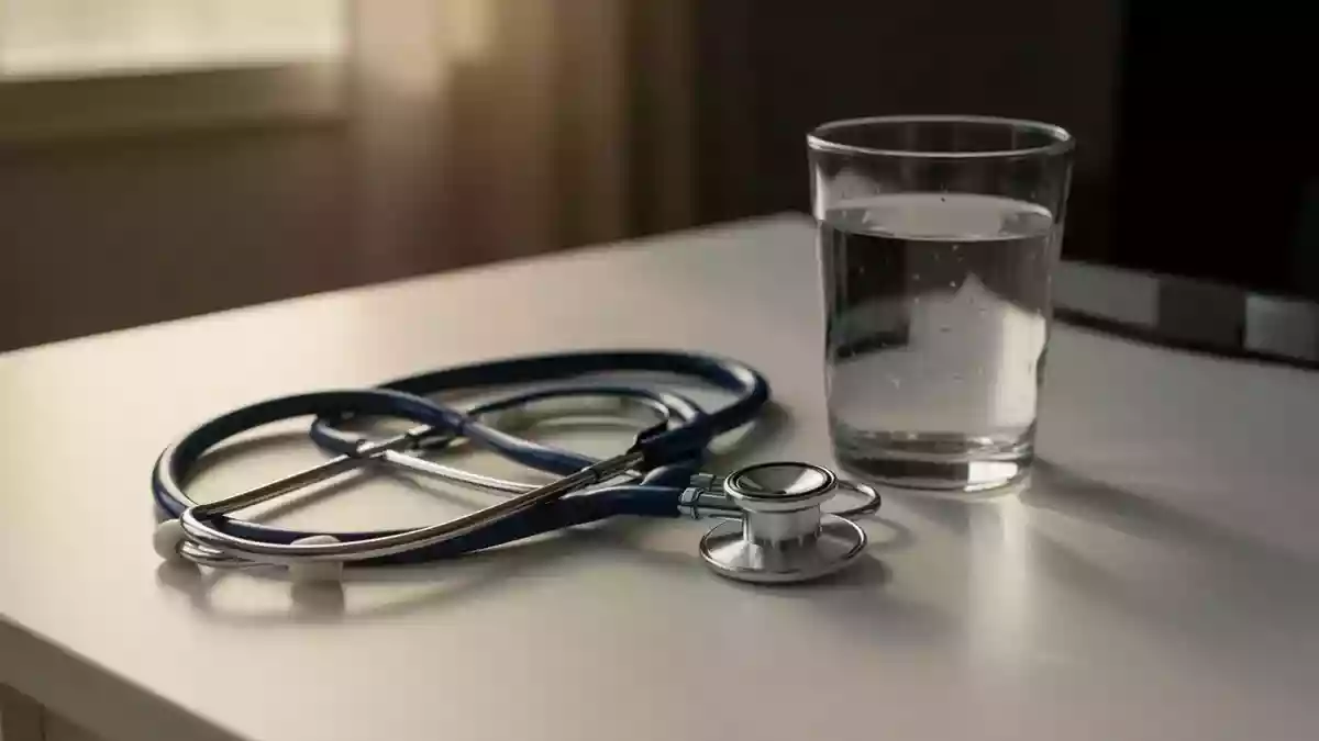 Symbolbild: Stethoskop neben einem Glas Wasser Illustration mit AI erstellt.