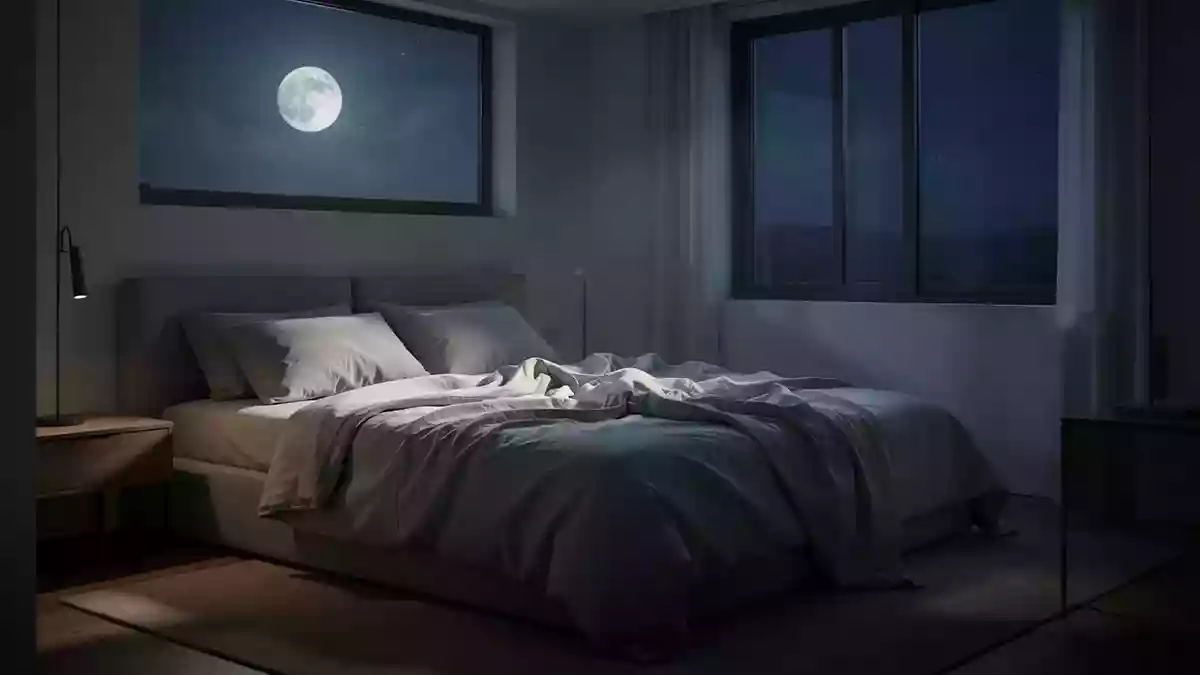 Ein minimalistisch eingerichtetes Schlafzimmer bei Nacht mit sanftem Mondlicht, das durch ein Fenster fällt. Illustration mit AI erstellt.