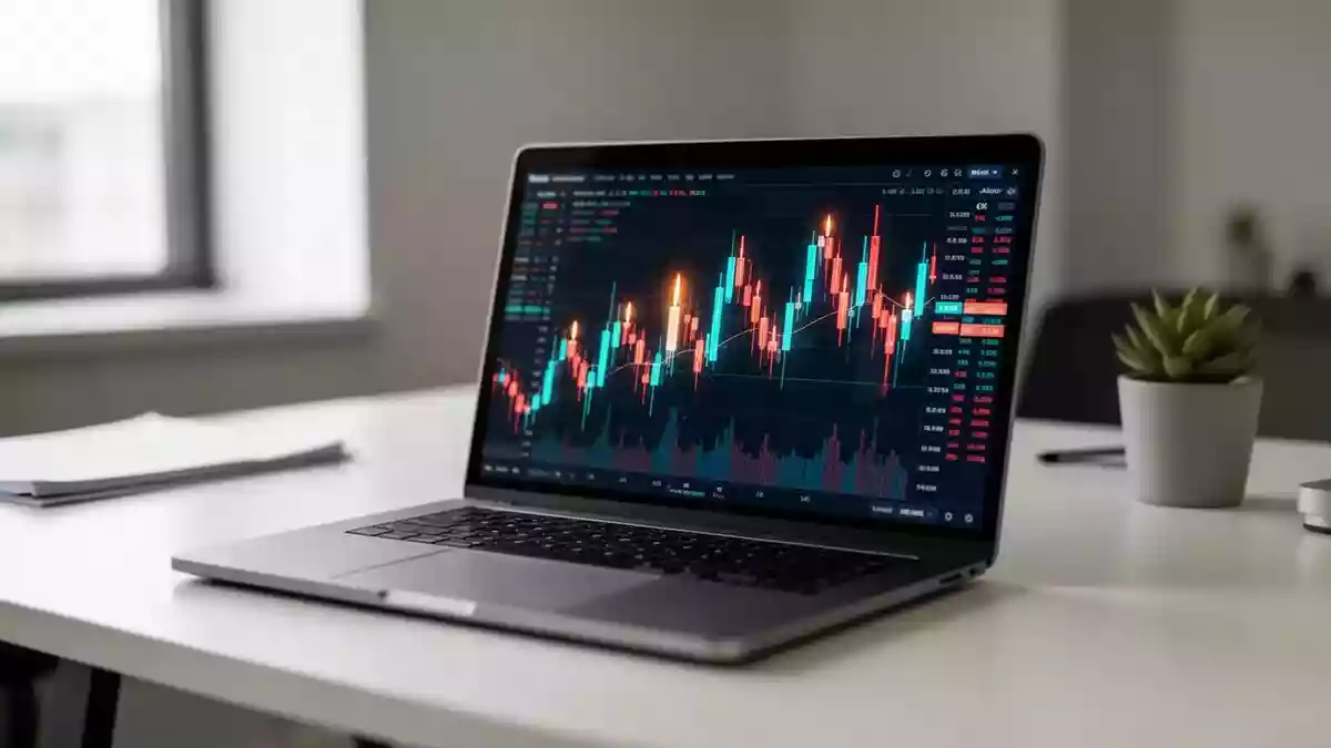 Ein moderner Arbeitsplatz mit einem Laptop, der komplexe Finanz-Chartdaten anzeigt. Illustration mit AI erstellt.