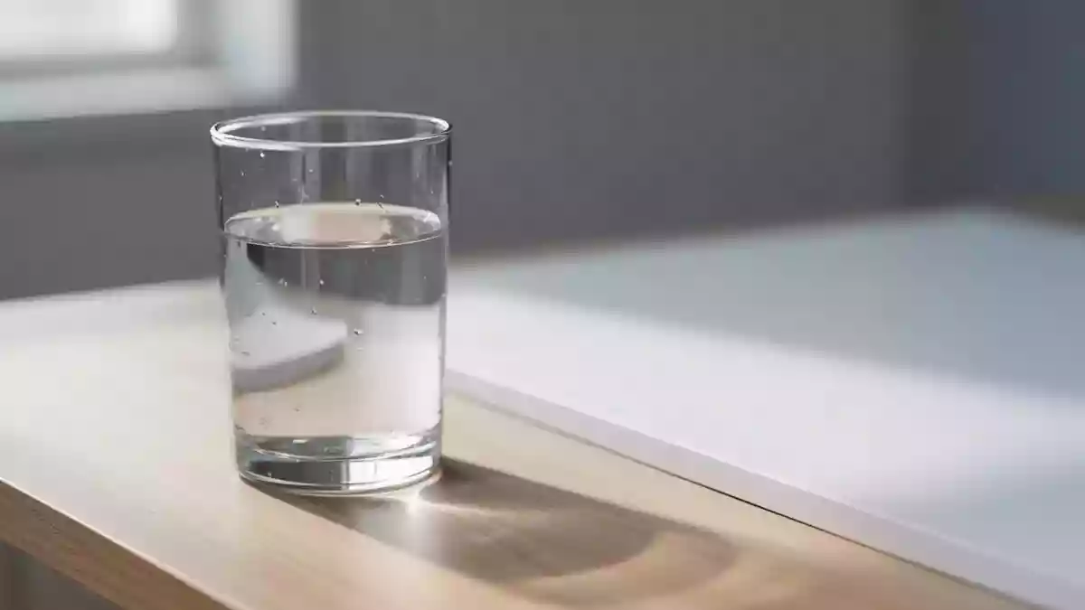 Ein Glas Wasser auf einer hellen Holzoberfläche in natürlichem Morgenlicht als Symbol für gesundheitliche Routine. Illustration mit AI erstellt.