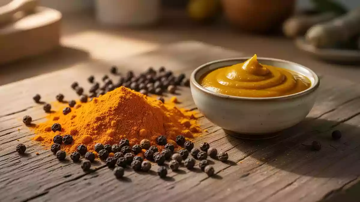 Nahaufnahme von Kurkumapulver, schwarzem Pfeffer und einer goldgelben Kurkuma-Paste auf einer hölzernen Unterlage. Illustration mit AI erstellt.