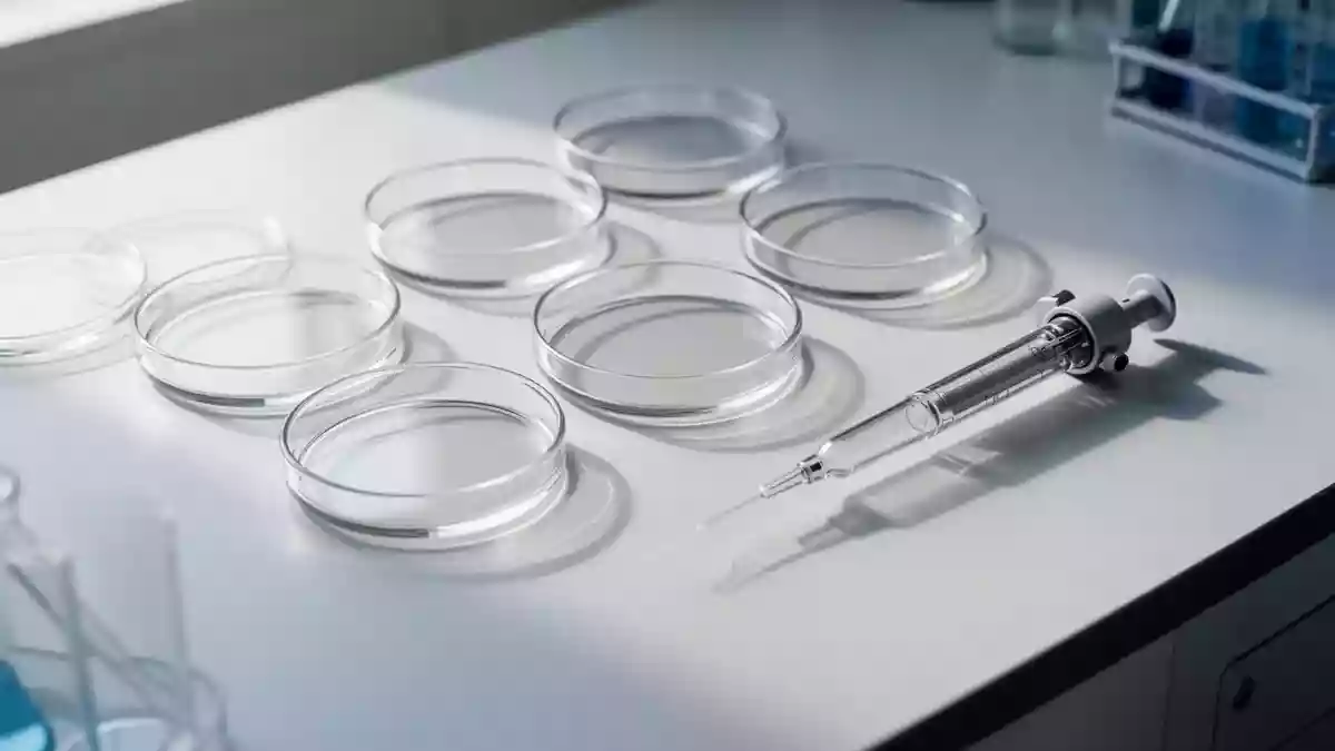 Leere Labor-Petrischalen und eine Pipette auf einem sauberen, weißen Labortisch bei natürlichem Tageslicht. Illustration mit AI erstellt.