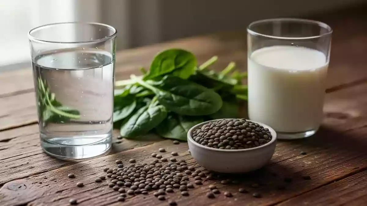 Nahaufnahme von verschiedenen Lebensmitteln wie Spinat, Linsen, Wasser und Milch auf einem Holztisch bei natürlichem Licht Illustration mit AI erstellt.