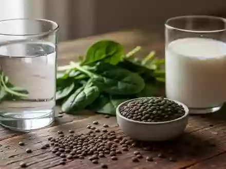 Nahaufnahme von verschiedenen Lebensmitteln wie Spinat, Linsen, Wasser und Milch auf einem Holztisch bei natürlichem Licht - Foto: über boerse-global.de