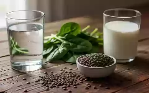 Nahaufnahme von verschiedenen Lebensmitteln wie Spinat, Linsen, Wasser und Milch auf einem Holztisch bei natürlichem Licht - Foto: über boerse-global.de