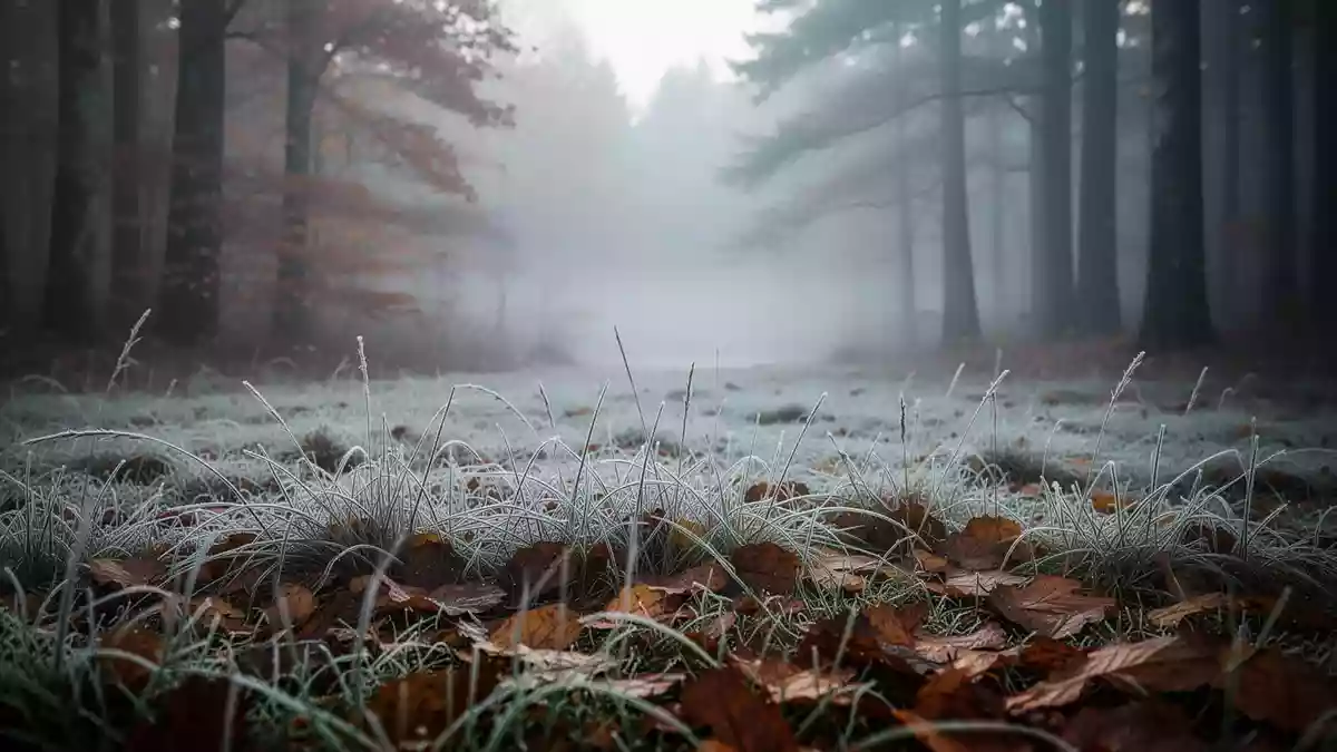 Mit Raureif bedeckte herbstliche Wiese in einer nebligen Morgenstimmung. Illustration mit AI erstellt.