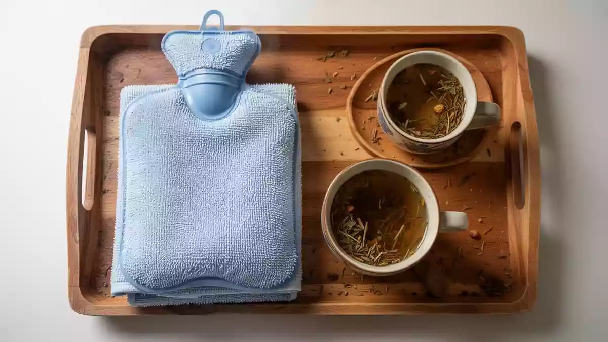 Symbolbild: Wärmflasche, Handtuch und Kräutertee Illustration mit AI erstellt.