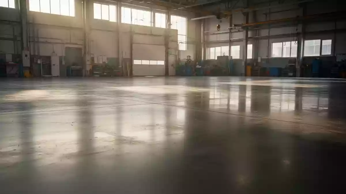Leerer, strukturierter Industrieboden in einer Werkstatt bei einfallendem Tageslicht. Illustration mit AI erstellt.