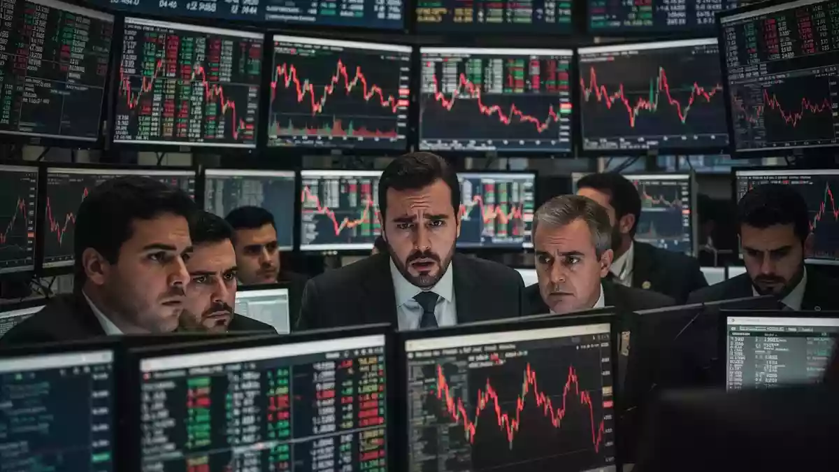 Besorgte Börsenhändler an der B3-Börse in São Paulo vor Bildschirmen mit fallenden Aktienkursen. Illustration mit AI erstellt.