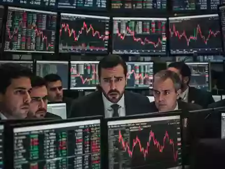 Besorgte Börsenhändler an der B3-Börse in São Paulo vor Bildschirmen mit fallenden Aktienkursen. - Foto: über boerse-global.de