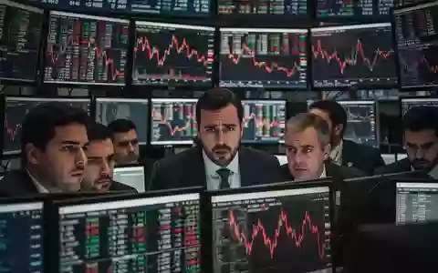 Besorgte Börsenhändler an der B3-Börse in São Paulo vor Bildschirmen mit fallenden Aktienkursen. - Foto: über boerse-global.de