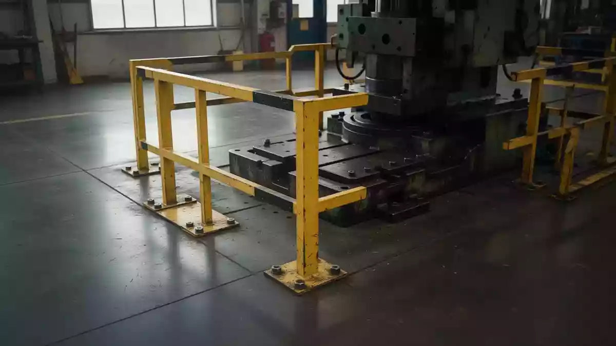 Gelbe Sicherheitsabsperrung in einer industriellen Werkstatt auf dem Boden vor einem Maschinenfundament. Illustration mit AI erstellt.