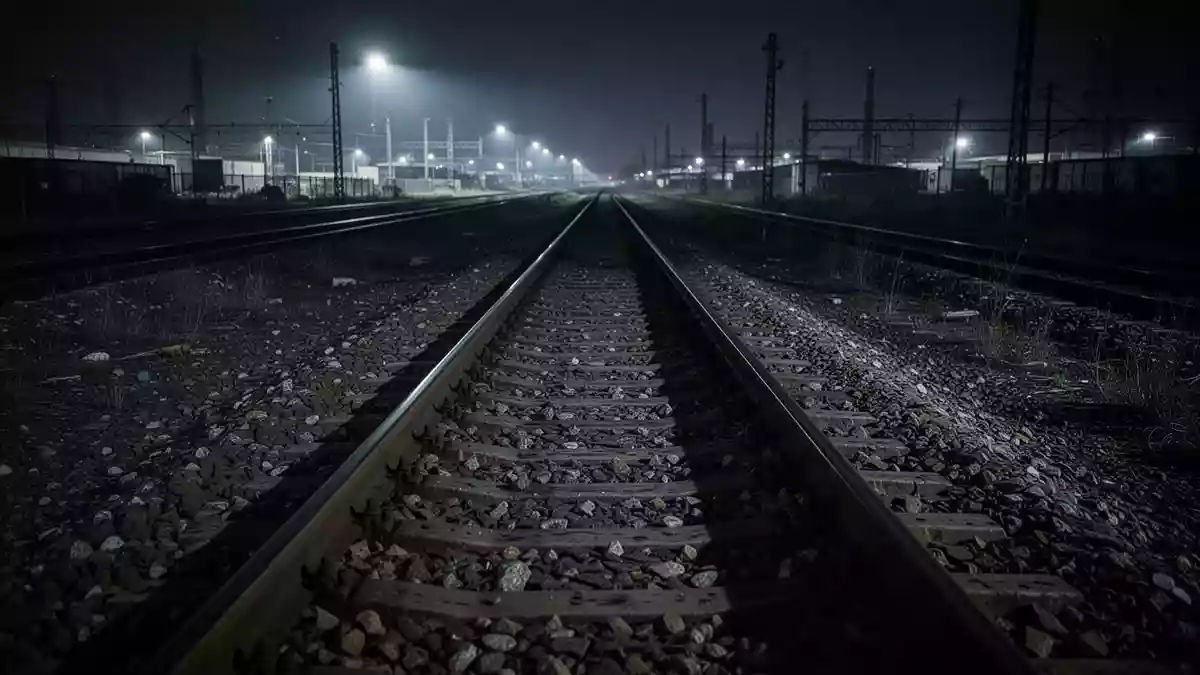 Leere Bahngleise bei Nacht mit Schotterbett und Stahlschienen in einer stimmungsvollen, menschenleeren Umgebung. Illustration mit AI erstellt.