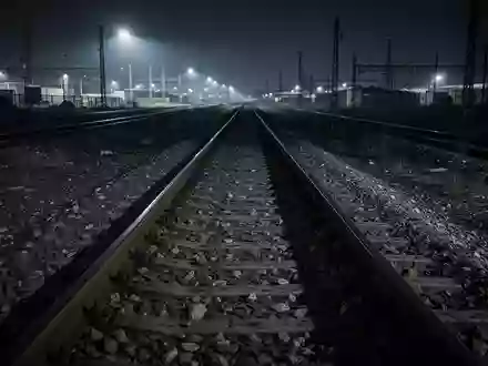 Leere Bahngleise bei Nacht mit Schotterbett und Stahlschienen in einer stimmungsvollen, menschenleeren Umgebung. - Foto: über boerse-global.de