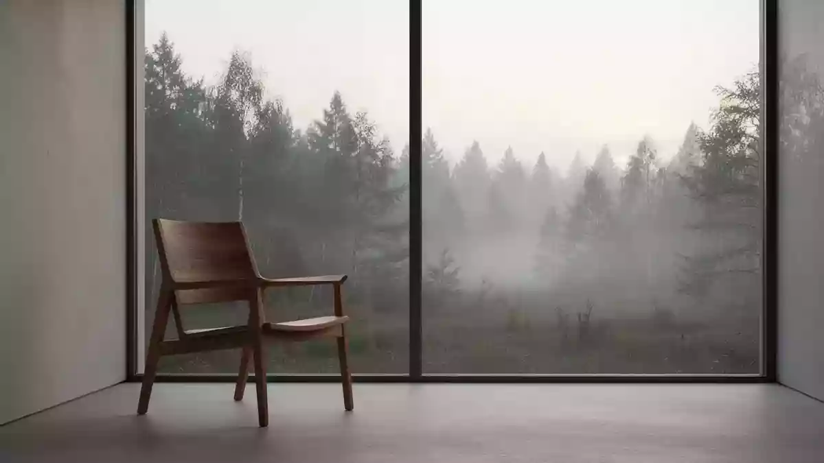 Ein minimalistischer, ruhiger Raum mit einem leeren Holzstuhl vor einem großen Fenster, das den Blick auf einen nebligen Wald freigibt. Illustration mit AI erstellt.