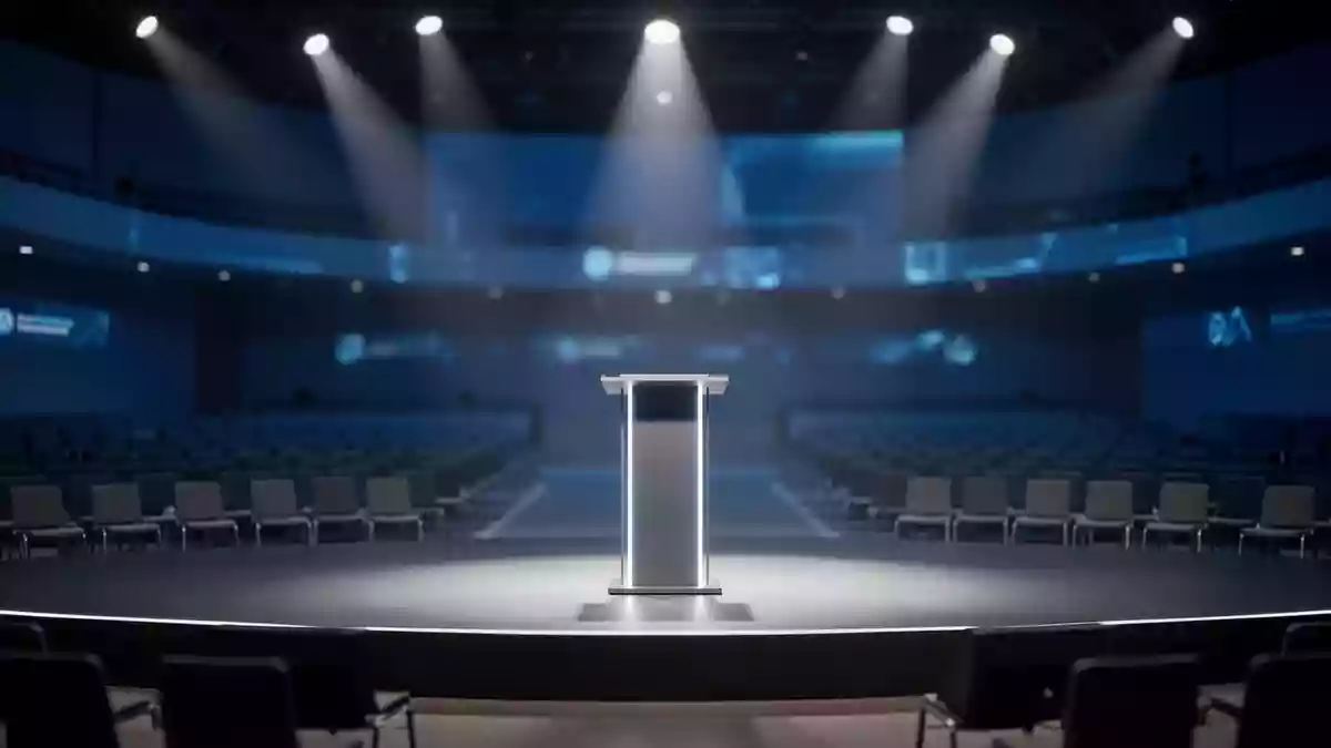 Ein leeres Podium auf einer modernen Technologiekonferenz-Bühne in einem abgedunkelten, professionellen Auditorium. Illustration mit AI erstellt.