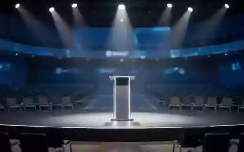 Ein leeres Podium auf einer modernen Technologiekonferenz-Bühne in einem abgedunkelten, professionellen Auditorium. - Foto: über boerse-global.de