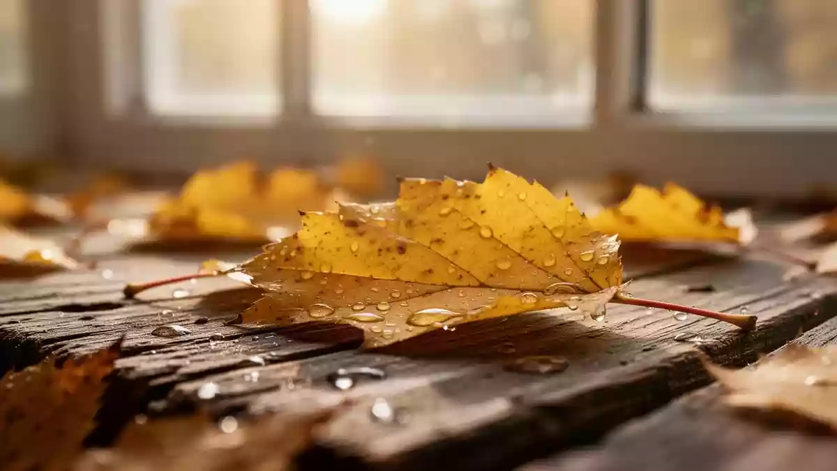 Goldene Herbstblätter auf einer hölzernen Oberfläche bei sanftem Morgenlicht. Illustration mit AI erstellt.