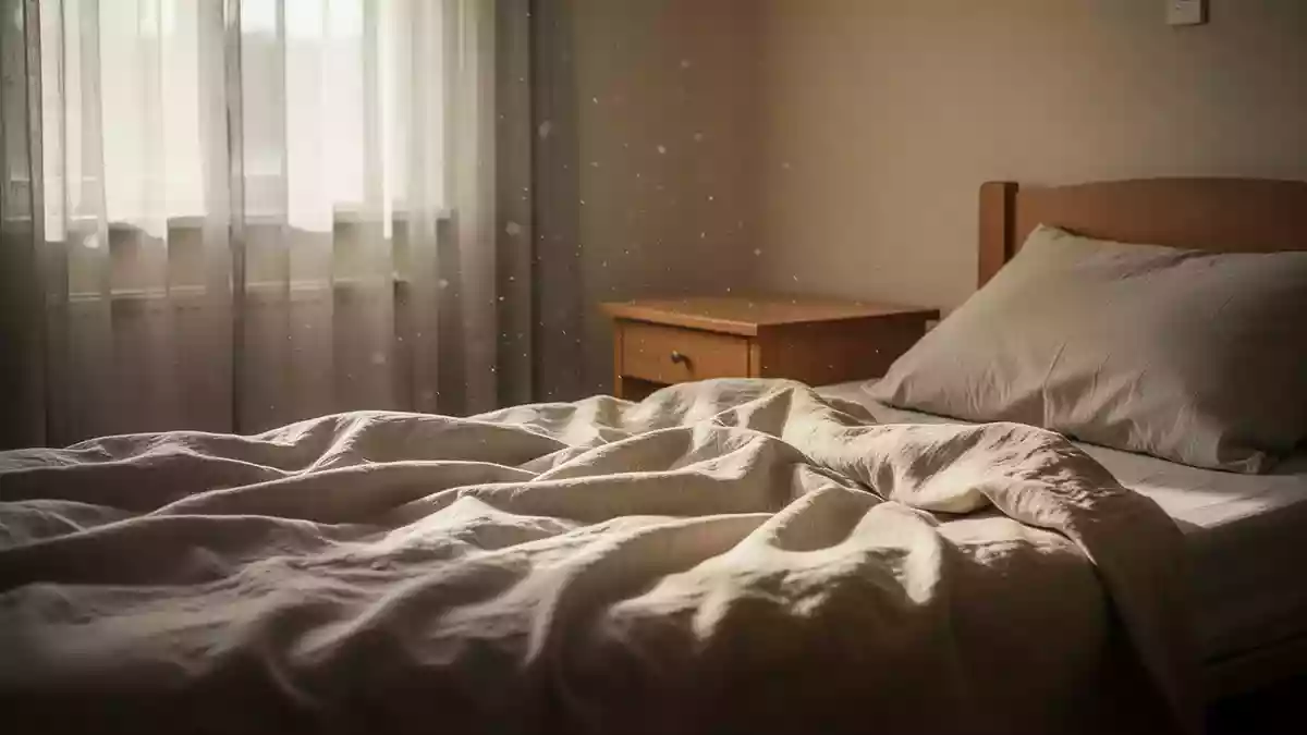 Ein sonnendurchflutetes, ruhiges Schlafzimmer mit einem ungemachten Bett und einem schlichten Nachttisch in natürlichem Licht. Illustration mit AI erstellt.