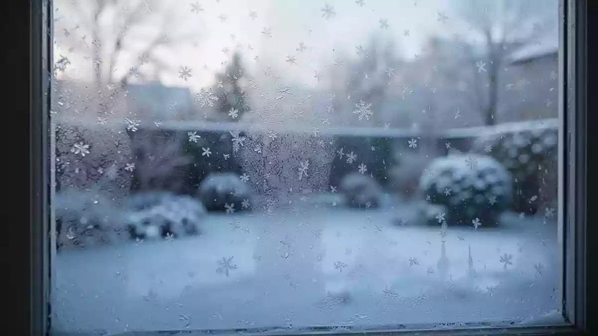 Frost auf einer Fensterscheibe an einem kalten Wintertag mit verschwommener, winterlicher Landschaft im Hintergrund. Illustration mit AI erstellt.