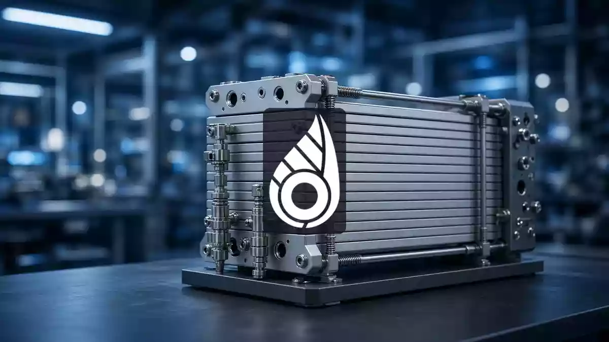 Abstrakte Darstellung von Wasserstoff-Brennstoffzellentechnologie in einem modernen Industrielabor. Illustration mit AI erstellt.