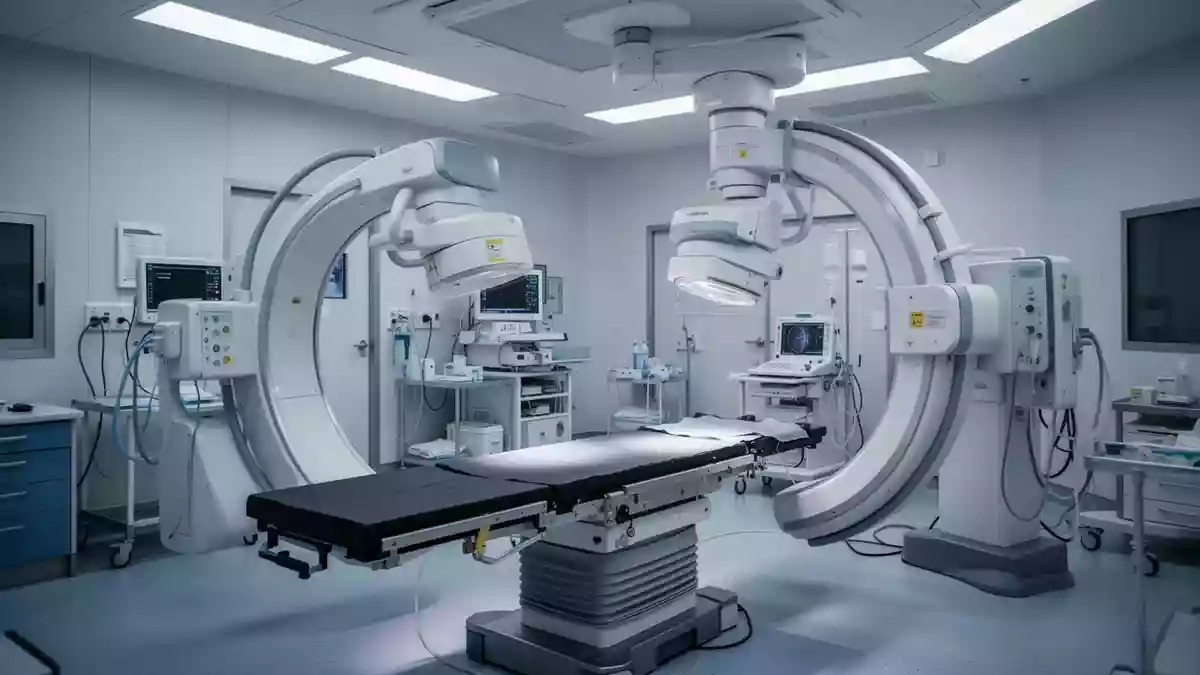 Modernes Katheterlabor in einem Krankenhaus mit hochmoderner medizinischer Bildgebungsausrüstung. Illustration mit AI erstellt.
