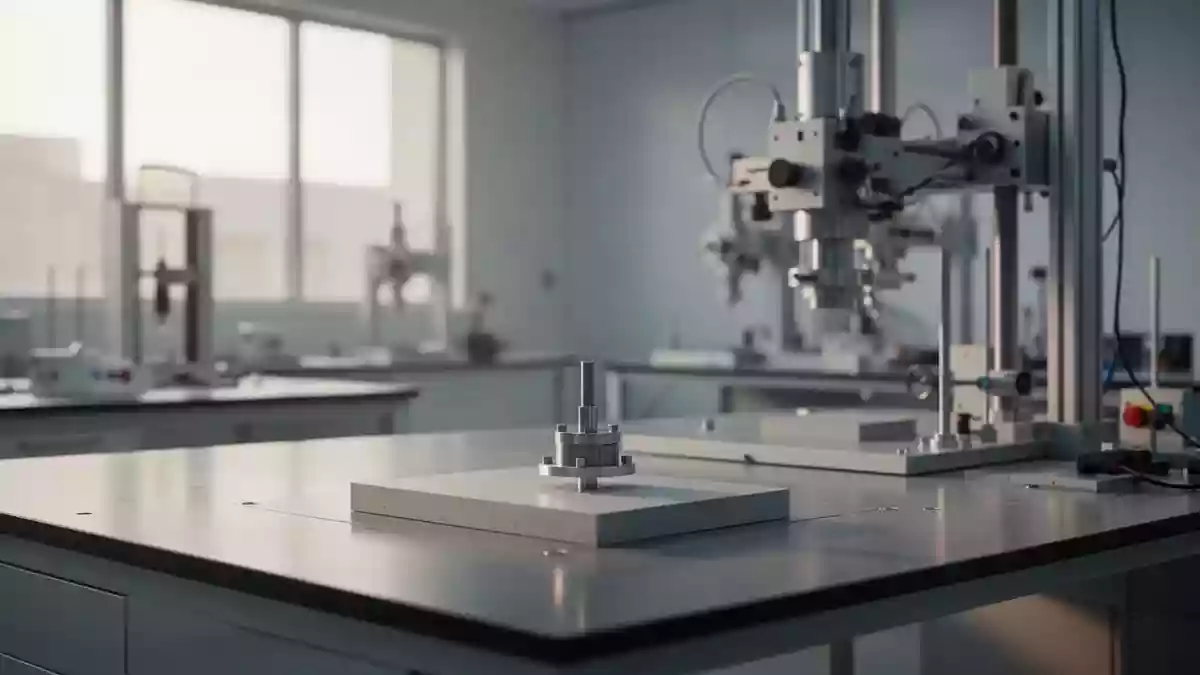 Ein minimalistisches, modernes Ingenieurlabor mit präzisen Testgeräten in neutralem, natürlichem Licht. Illustration mit AI erstellt.