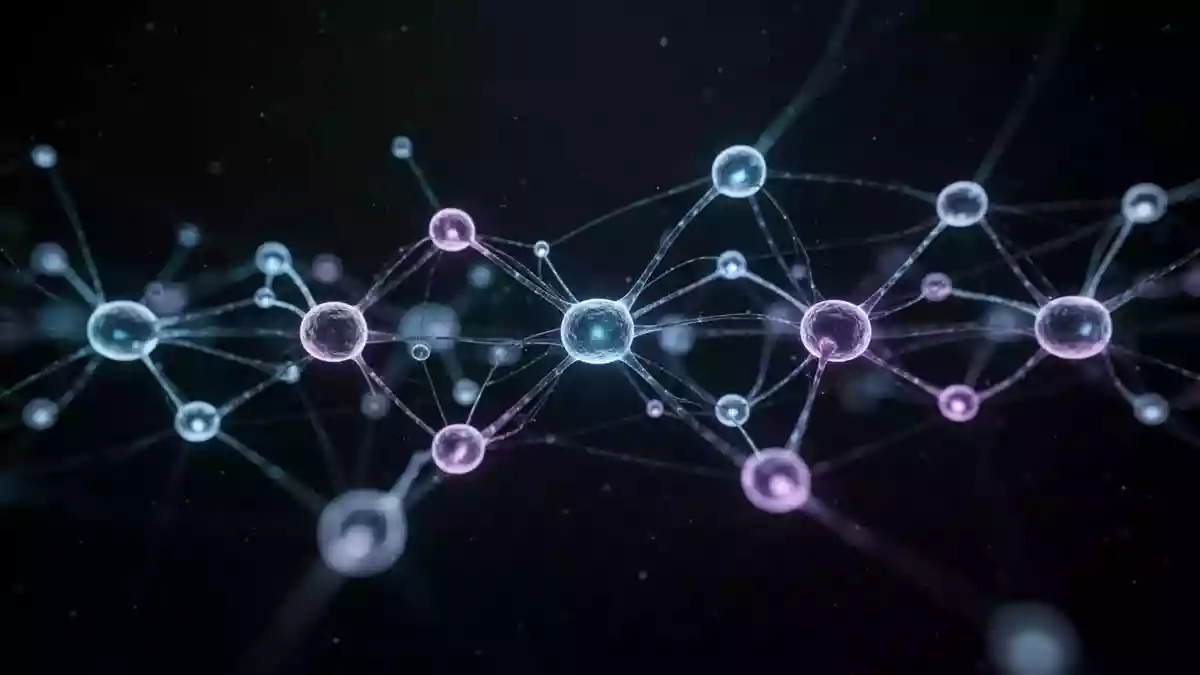 Abstrakte Darstellung vernetzter Datenknoten und logischer Pfade als leuchtende Strukturen in einem dunklen Raum. Illustration mit AI erstellt.