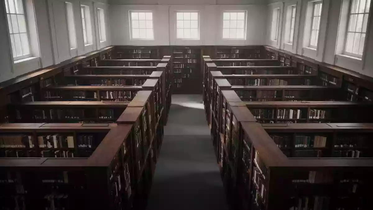 Ein stiller, minimalistischer Archivraum einer wissenschaftlichen Bibliothek mit hohen Holzregalen und natürlichem Lichteinfall. Illustration mit AI erstellt.