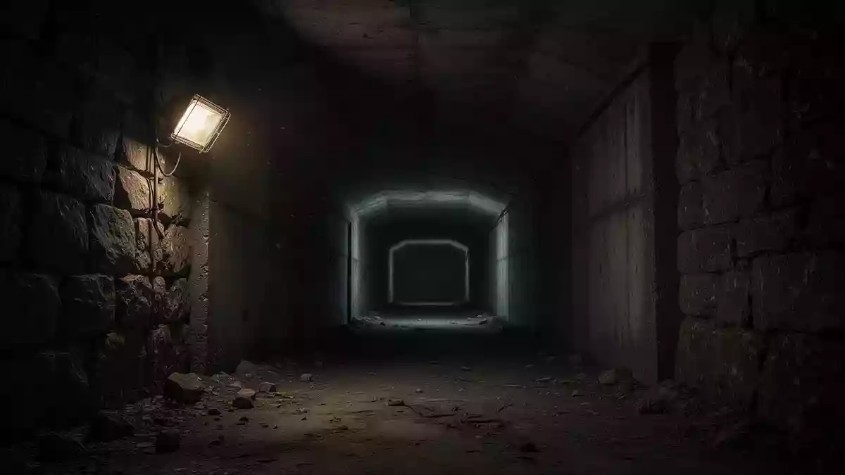 Ein dunkler, verlassener Tunnelzugang aus Beton, der tief in die Erde führt und von einer schwachen Lichtquelle beleuchtet wird. Illustration mit AI erstellt.