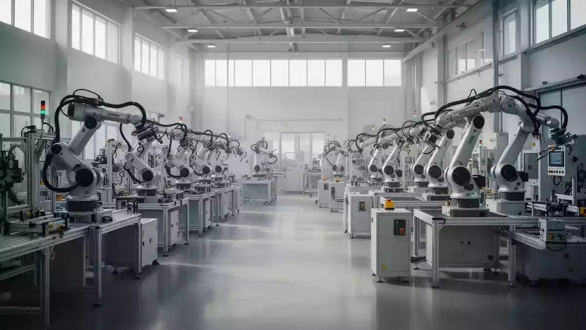 Moderne, automatisierte Montagehalle für industrielle Komponenten mit präzisen Fertigungsmaschinen. Illustration mit AI erstellt.