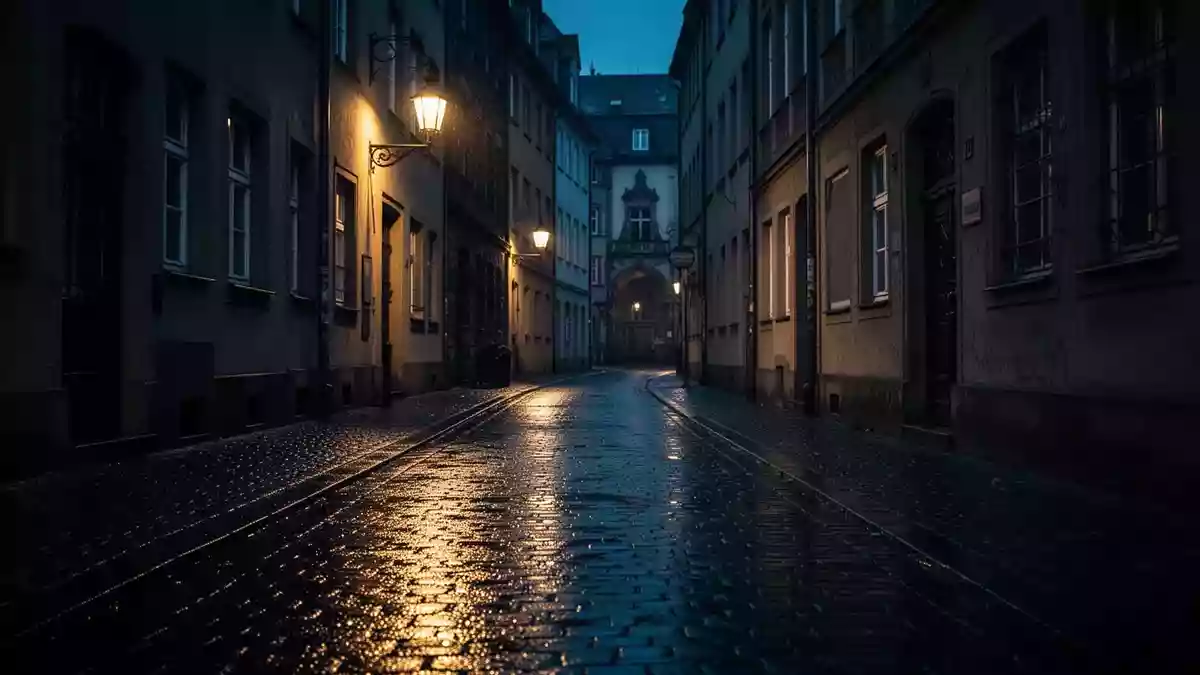 Eine nächtliche, verlassene Gasse in einer deutschen Stadt mit Kopfsteinpflaster und spiegelnden Oberflächen. Illustration mit AI erstellt.