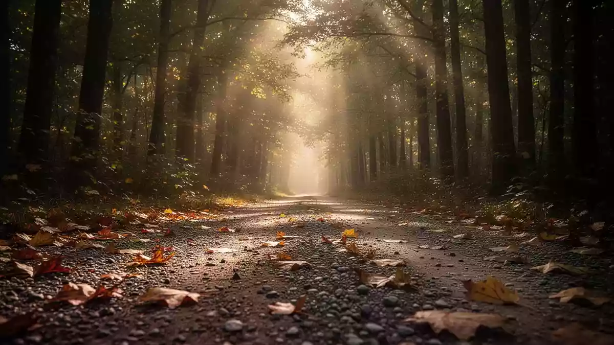 Ein von Sonnenlicht durchfluteter Waldweg mit herbstlichem Laub am Boden. Illustration mit AI erstellt.