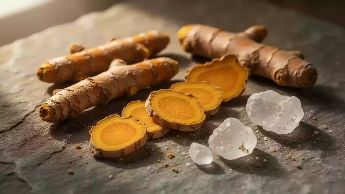 Nahaufnahme von natürlichen Zutaten wie Kurkumawurzeln, Ingwerstücken und Boswellia-Harz auf einer steinernen Oberfläche. Illustration mit AI erstellt.