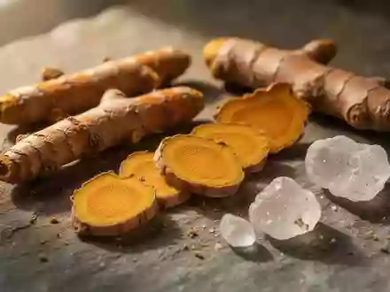 Nahaufnahme von natürlichen Zutaten wie Kurkumawurzeln, Ingwerstücken und Boswellia-Harz auf einer steinernen Oberfläche. - Foto: über boerse-global.de