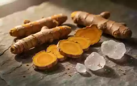 Nahaufnahme von natürlichen Zutaten wie Kurkumawurzeln, Ingwerstücken und Boswellia-Harz auf einer steinernen Oberfläche. - Foto: über boerse-global.de