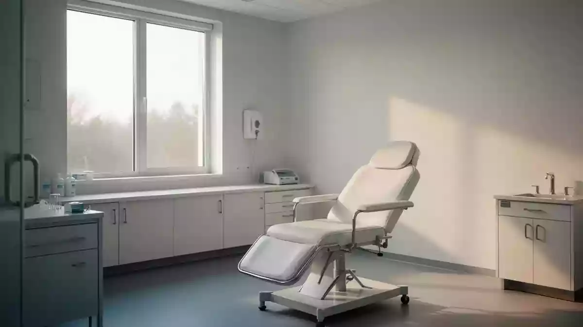 Ein minimalistischer Behandlungsraum in einer Arztpraxis mit hellem, natürlichem Tageslicht. Illustration mit AI erstellt.